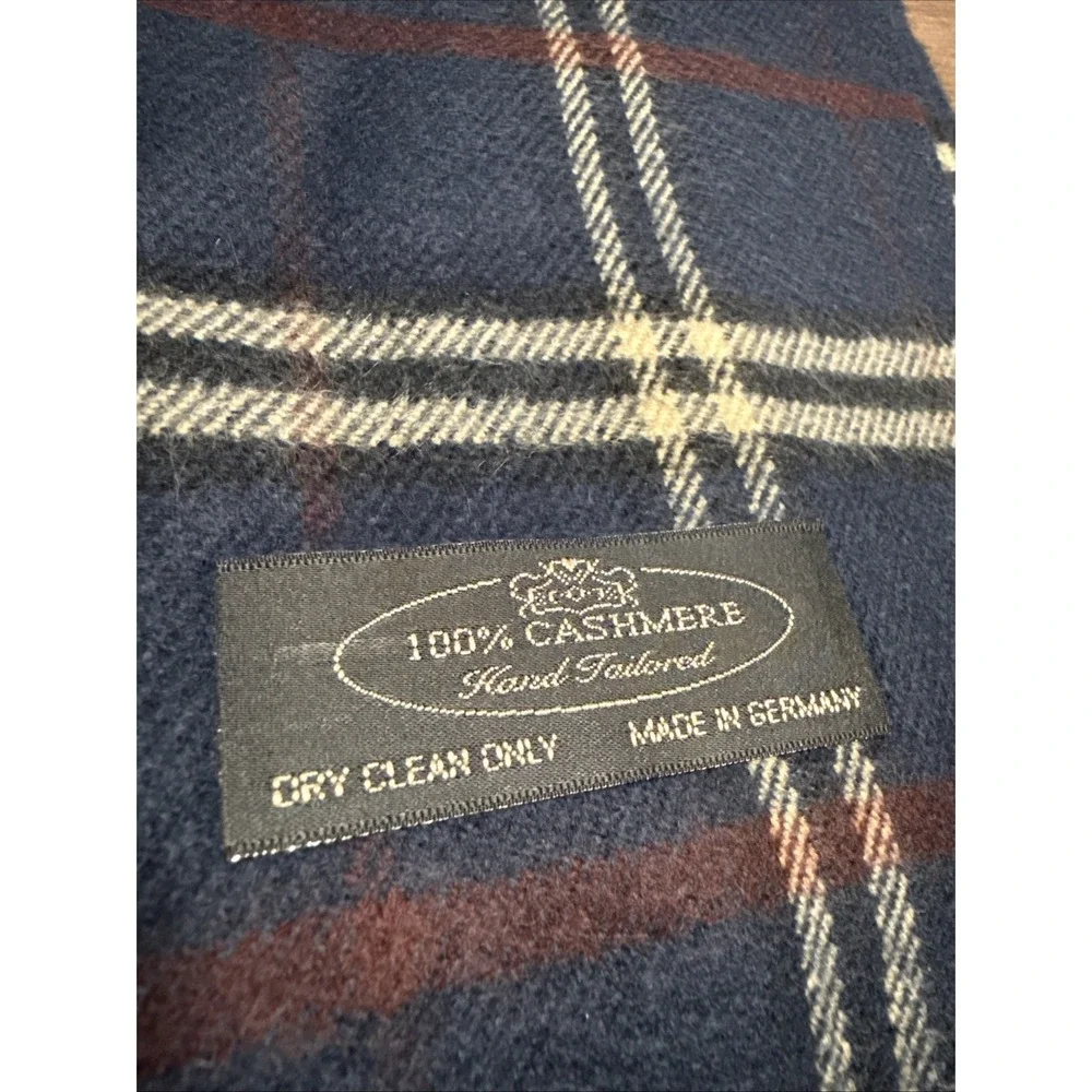 100% Cashmere Hand Tailored Navy Plaid Winter Scarf Tartan 12x60 Germany